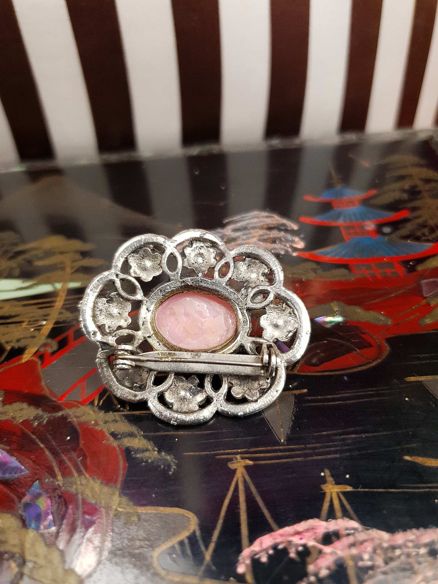 Vintage 1950s Pink Glass Floral Brooch Silver Tone Retro