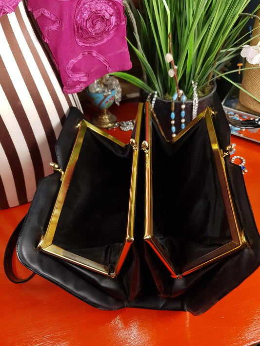Vintage 1950s Black Patent Handbag Carry Tote