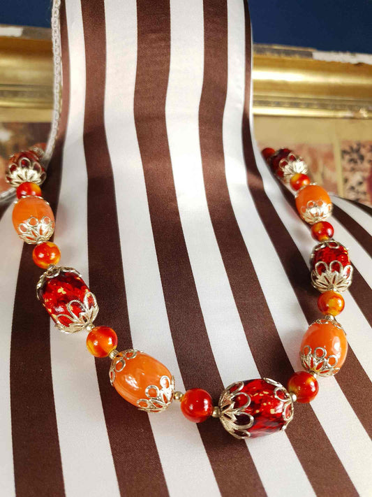 Vintage 1950s Orange Bead Filagree Boho Necklace Bohemian