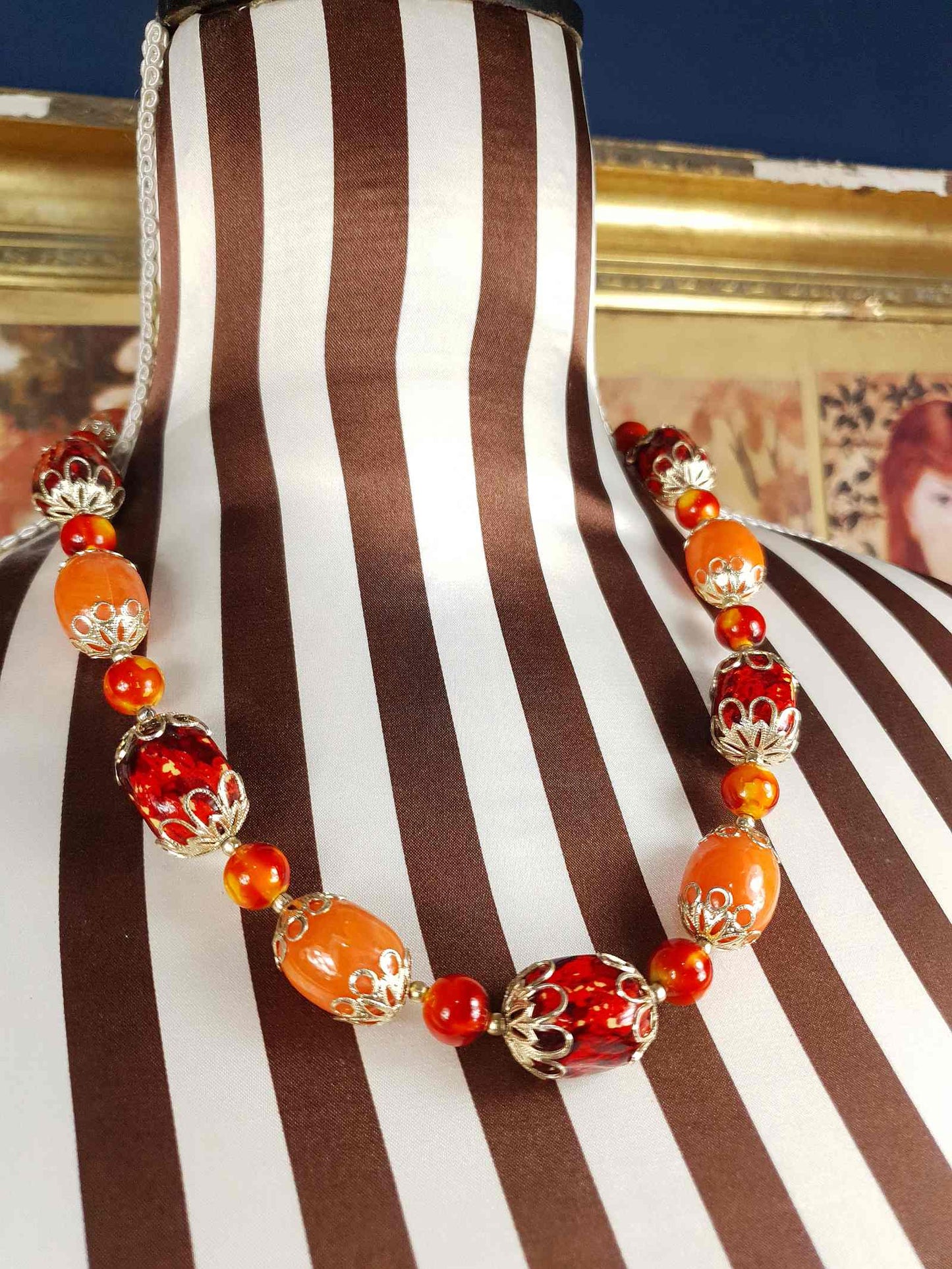 Vintage 1950s Orange Bead Filagree Boho Necklace Bohemian