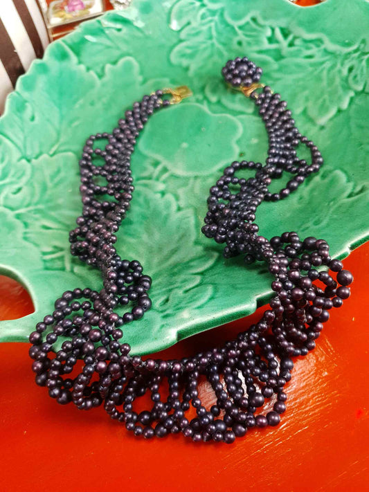 Vintage 1950s Purple Bead Collar Necklace Mid-Century