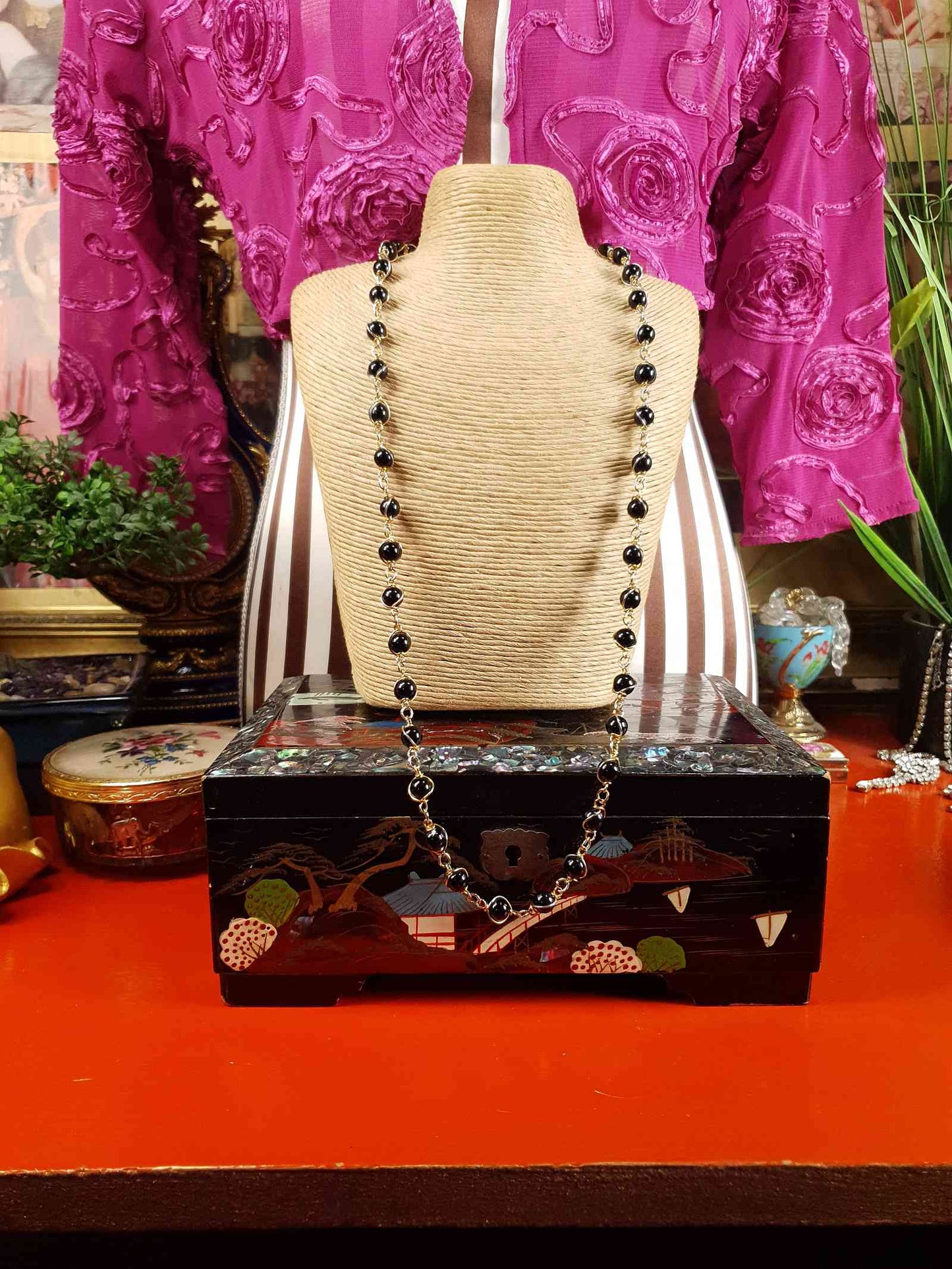 Vintage 1960s Black Glass Bead Necklace