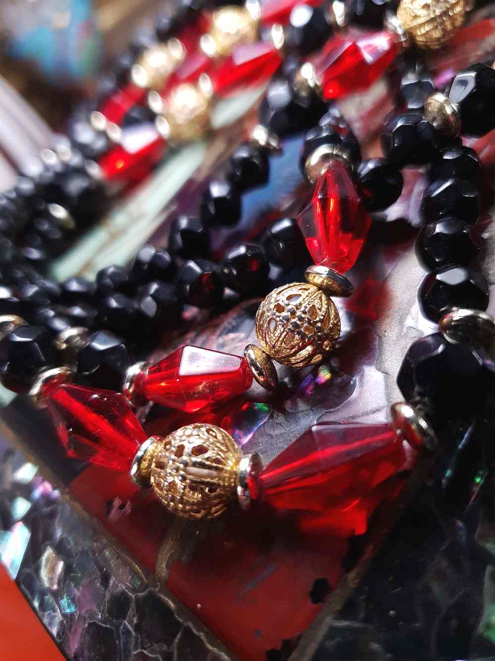 Vintage 1960s Black Red Bead Filigree Boho Necklace 61" Bohemian