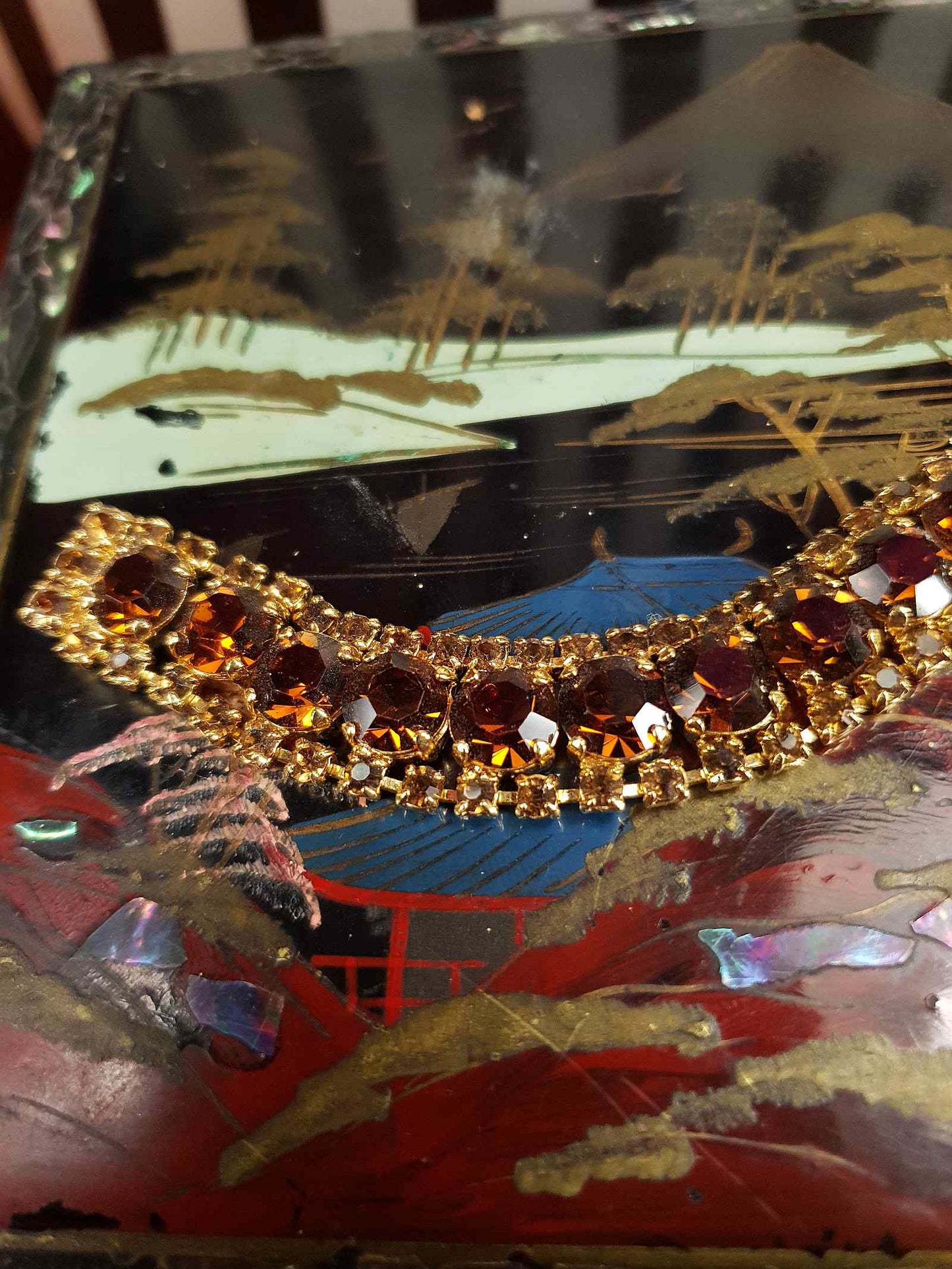 Vintage 1960s Amber Brown Rhinestone Bracelet Gold Tone Metal