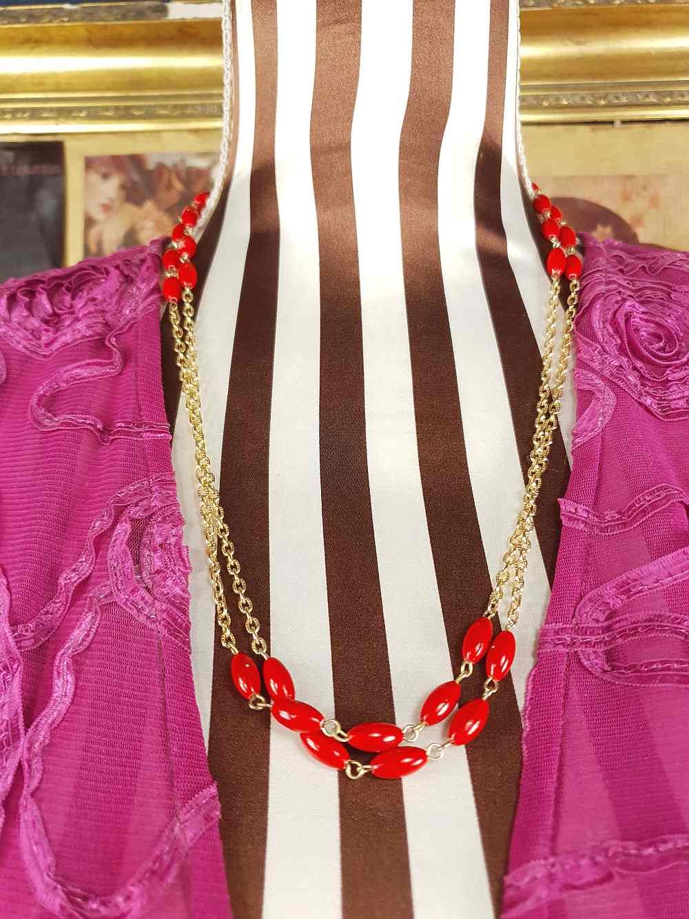 Vintage 1960s Red Bead Long Necklace 47" - Gold Tone Chain