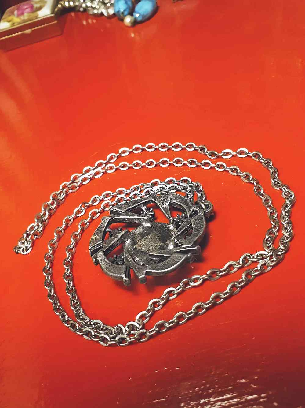 Vintage 1970s Scottish Jasper Pewter Celtic Necklace 28" Pendant Gemstone