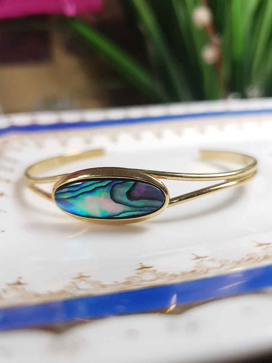 Vintage 1980s Abalone Shell Bracelet Bangle - Gold-Plated