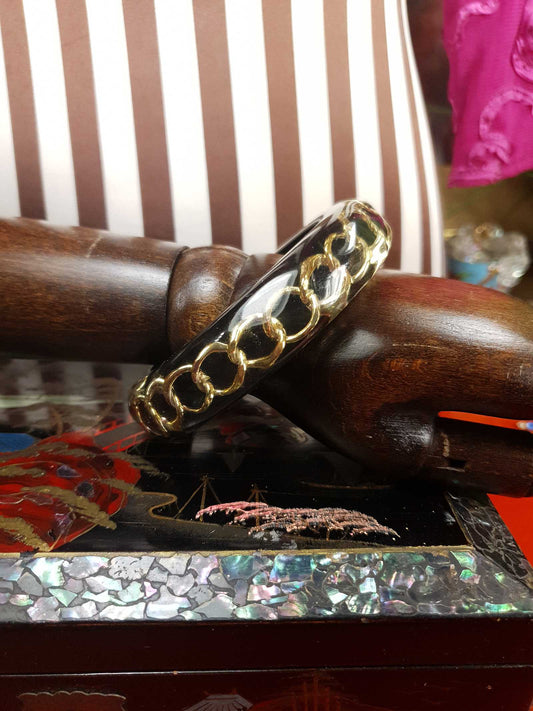 Vintage 1980s Lucite Gold Chain Bangle Bracelet Modernist