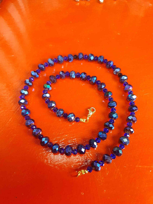 Vintage 90s Blue Aurora Borealis Glass Bead Necklace AB