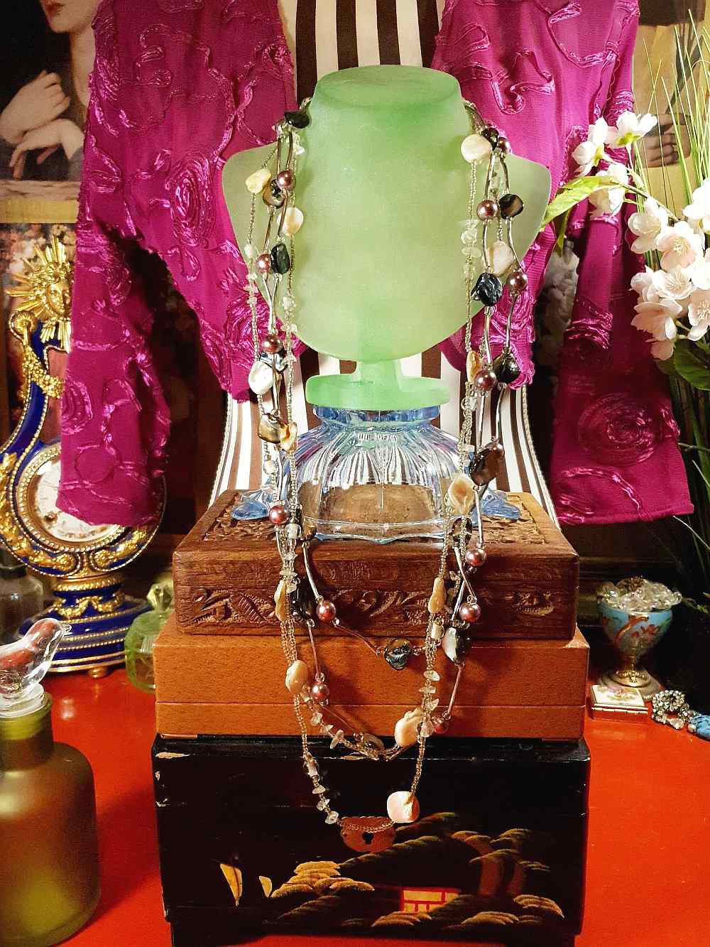 Vintage 90s Mother of Pearl Long Necklace Multi Tier Boho