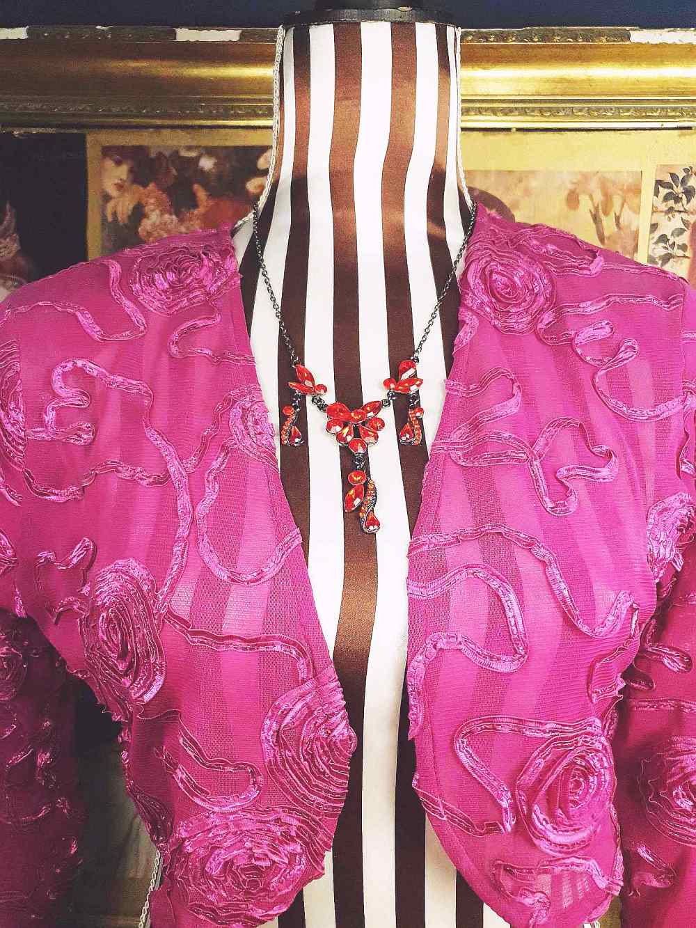 Vintage 90s Orange Rhinestone Necklace 20" Victorian Revival Gunmetal