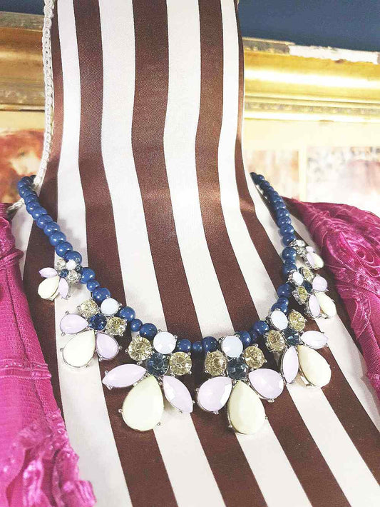 Vintage 90s Flower Rhinestone Statement Bib Necklace Blue Lilac Lime Green Floral