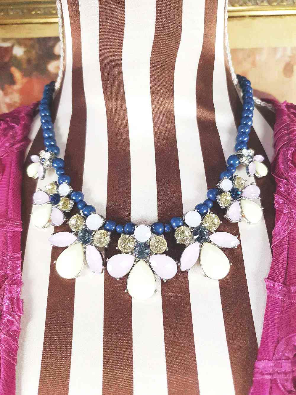 Vintage 90s Flower Rhinestone Statement Bib Necklace Blue Lilac Lime Green Floral