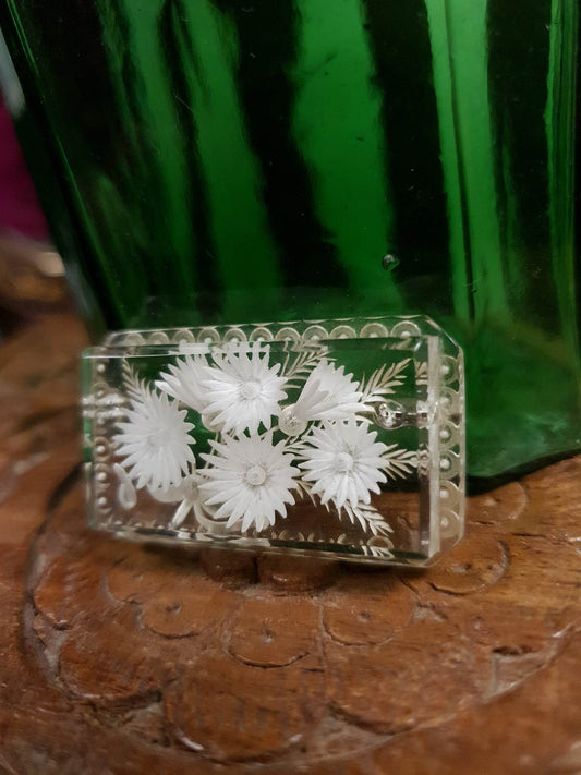 Vintage 1930s Reverse Carved Lucite Brooch Art Deco Floral Flower French RARE