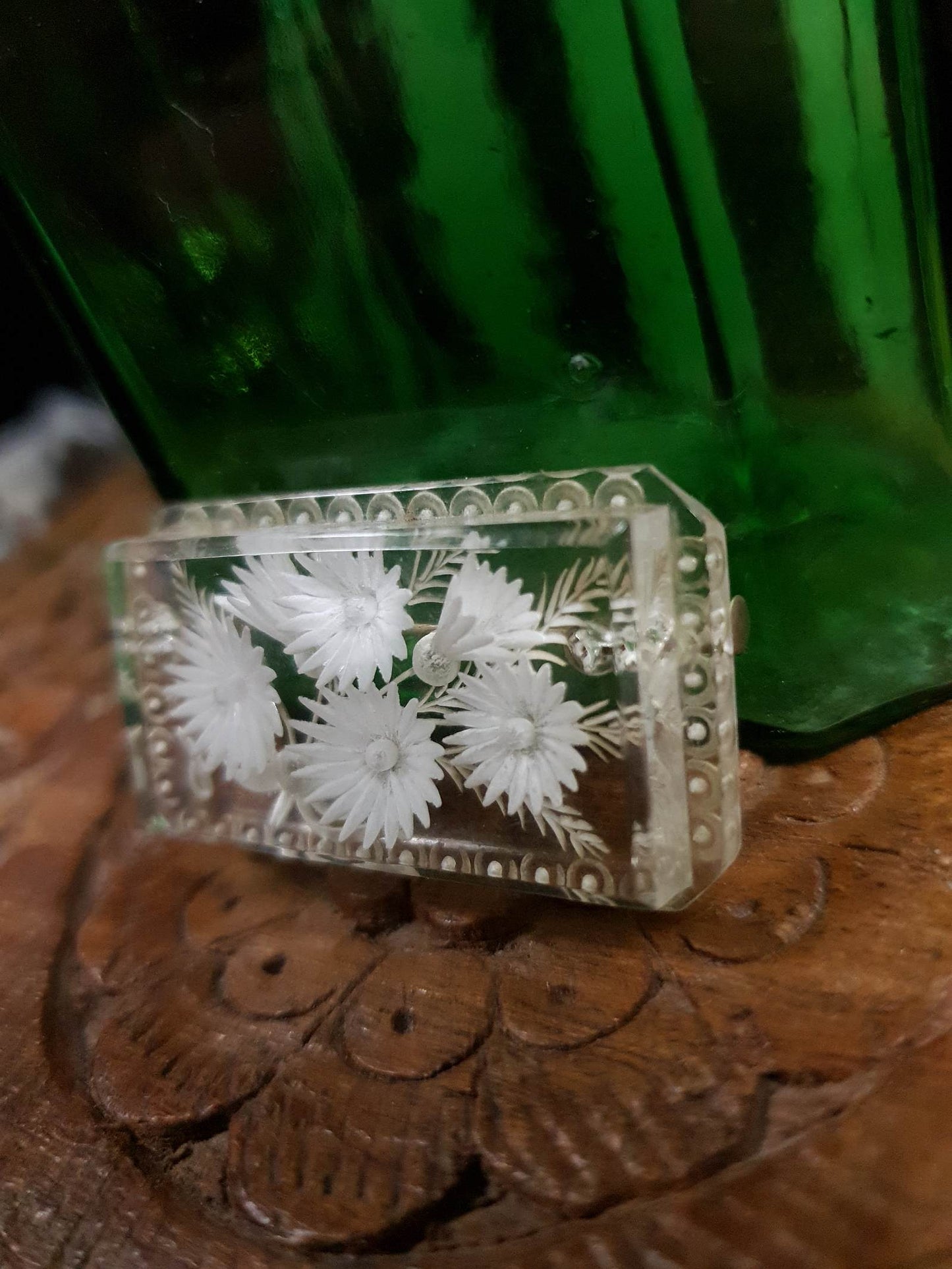 Vintage 1930s Reverse Carved Lucite Brooch Art Deco Floral Flower French RARE