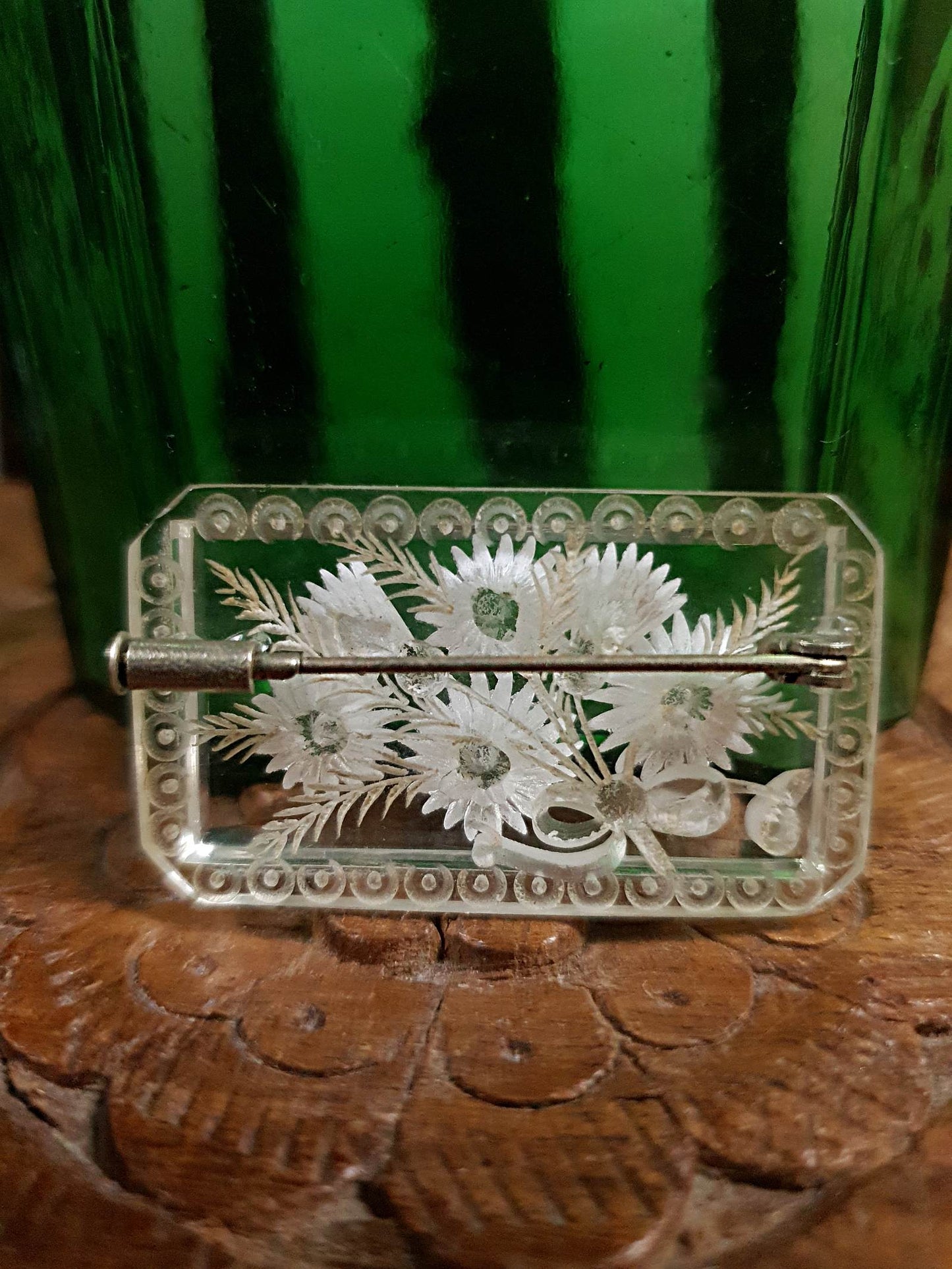 Vintage 1930s Reverse Carved Lucite Brooch Art Deco Floral Flower French RARE