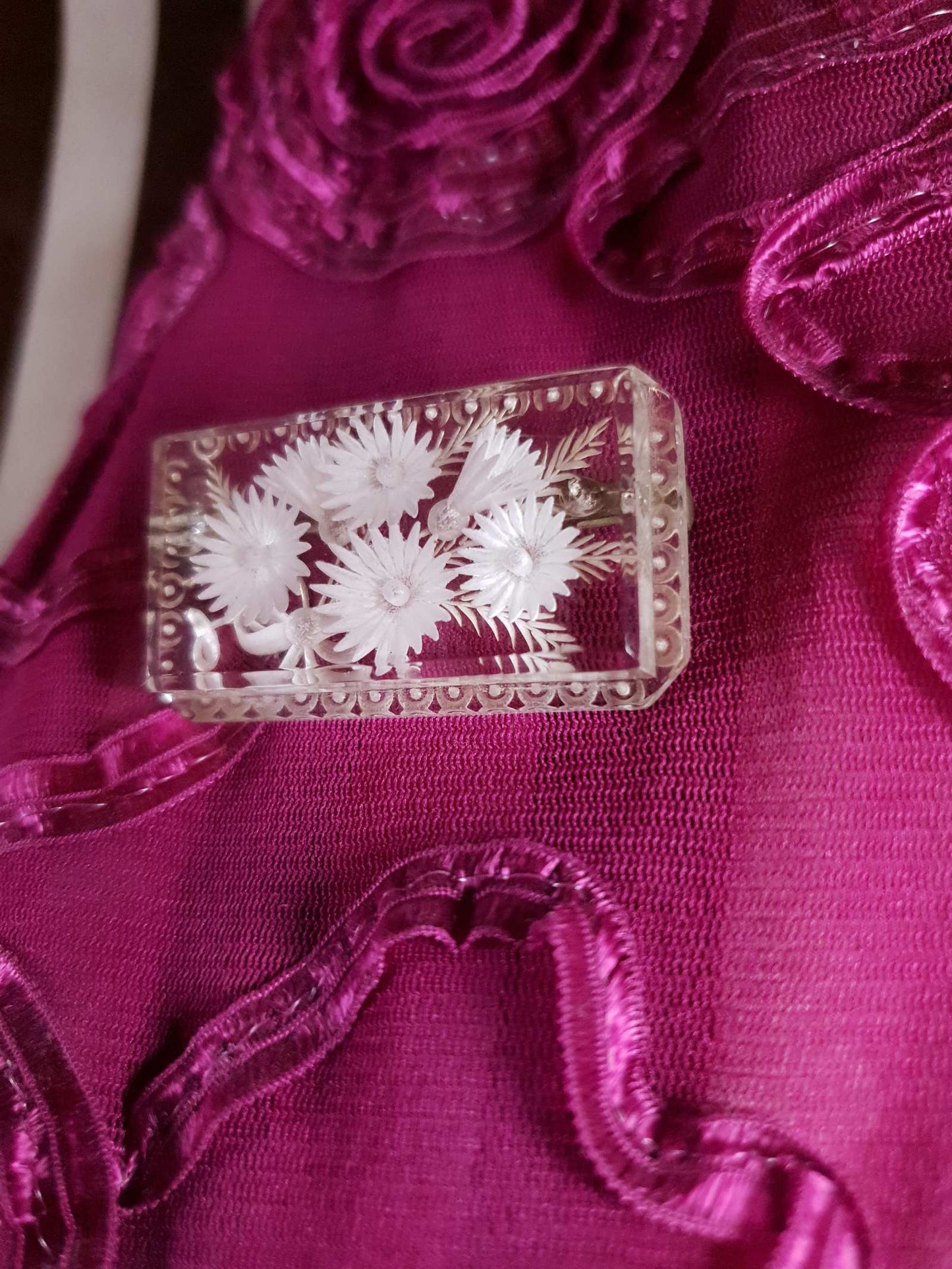 Vintage 1930s Reverse Carved Lucite Brooch Art Deco Floral Flower French RARE