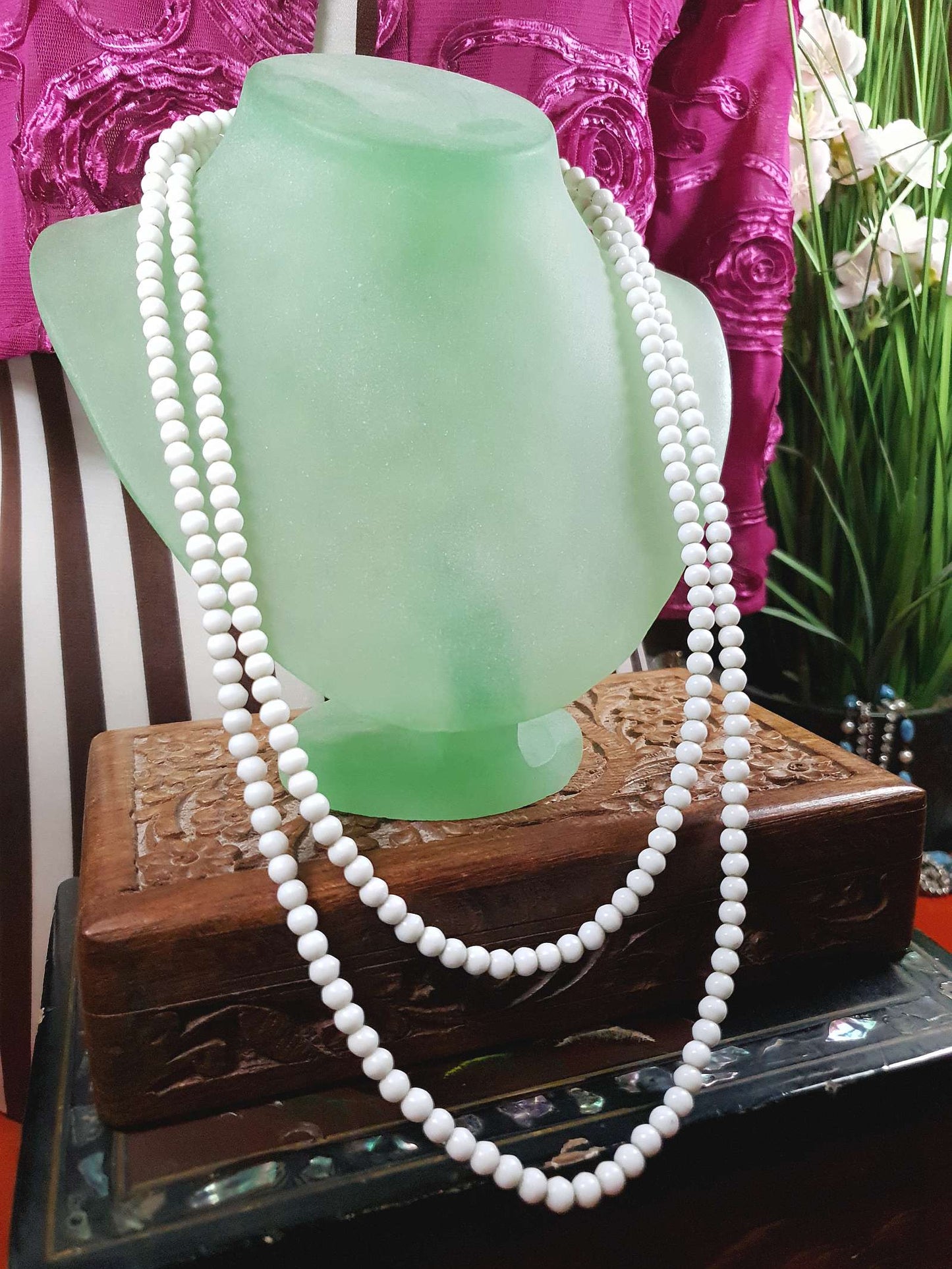 Vintage 1930s White Milk Glass Bead Necklace 47" Art Deco Flapper Longline