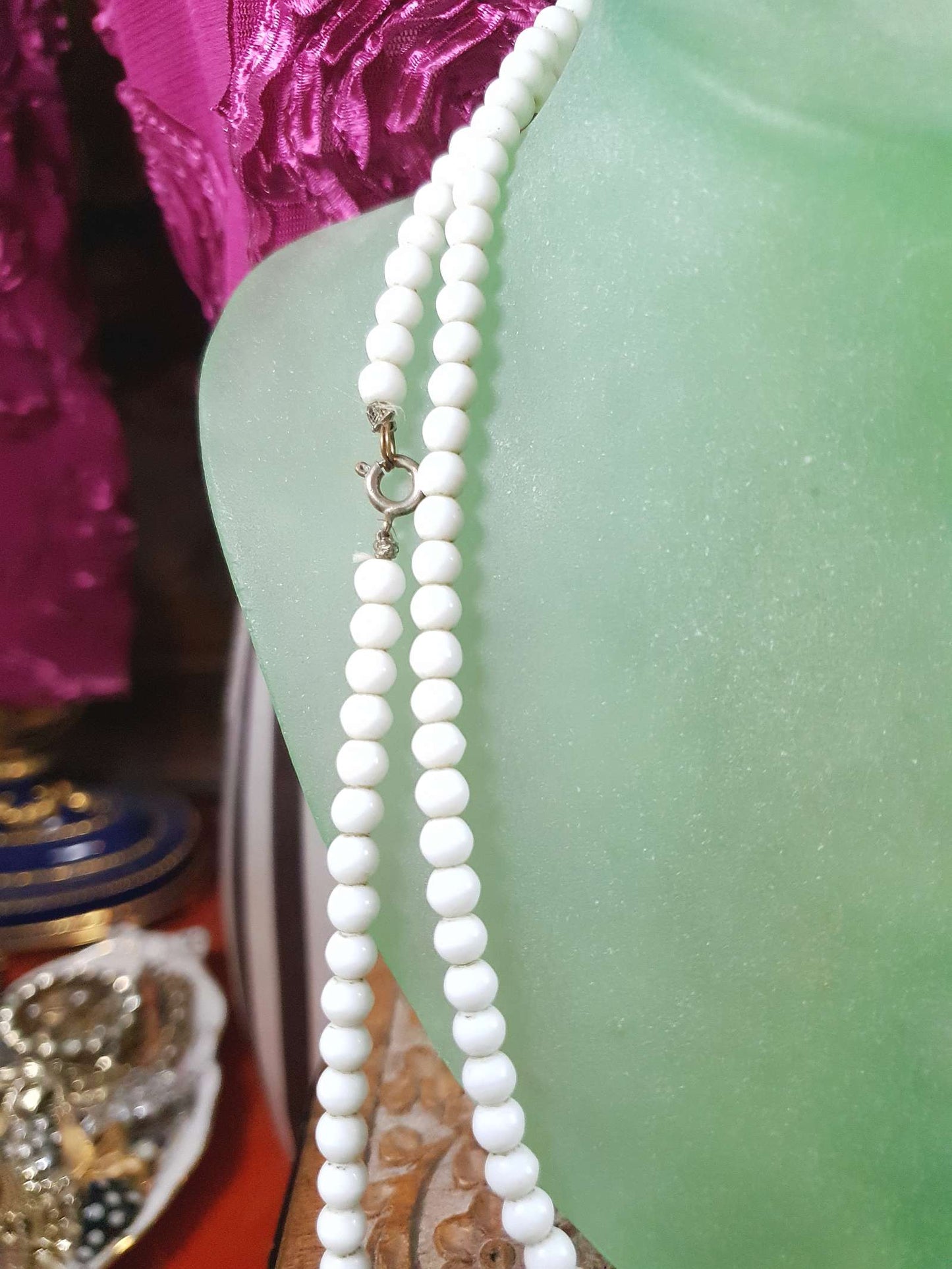 Vintage 1930s White Milk Glass Bead Necklace 47" Art Deco Flapper Longline