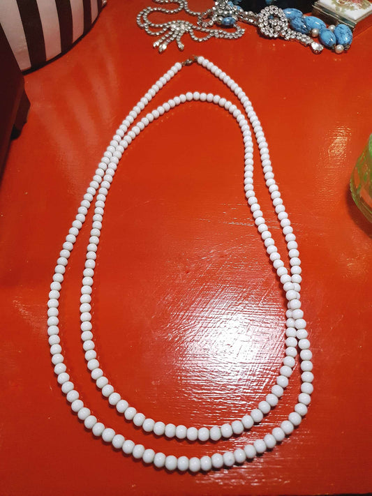 Vintage 1930s White Milk Glass Bead Necklace 47" Art Deco Flapper Longline