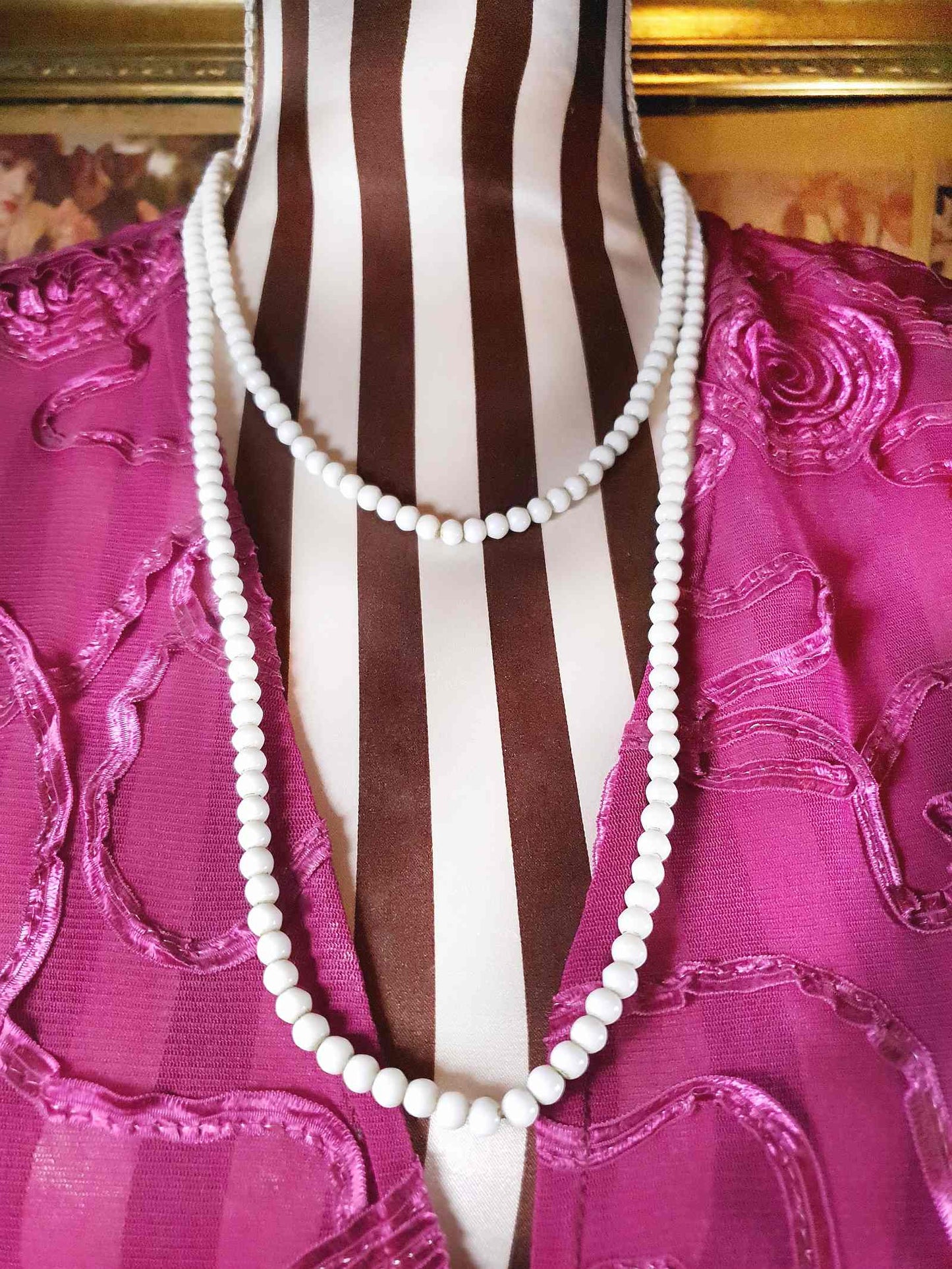 Vintage 1930s White Milk Glass Bead Necklace 47" Art Deco Flapper Longline