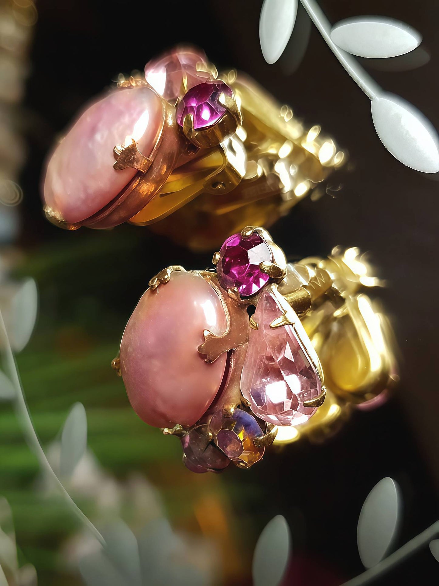 Vintage 1950s Weiss Earrings Pink Rhinestone Pearl Aurora Borealis Clip-Ons AB
