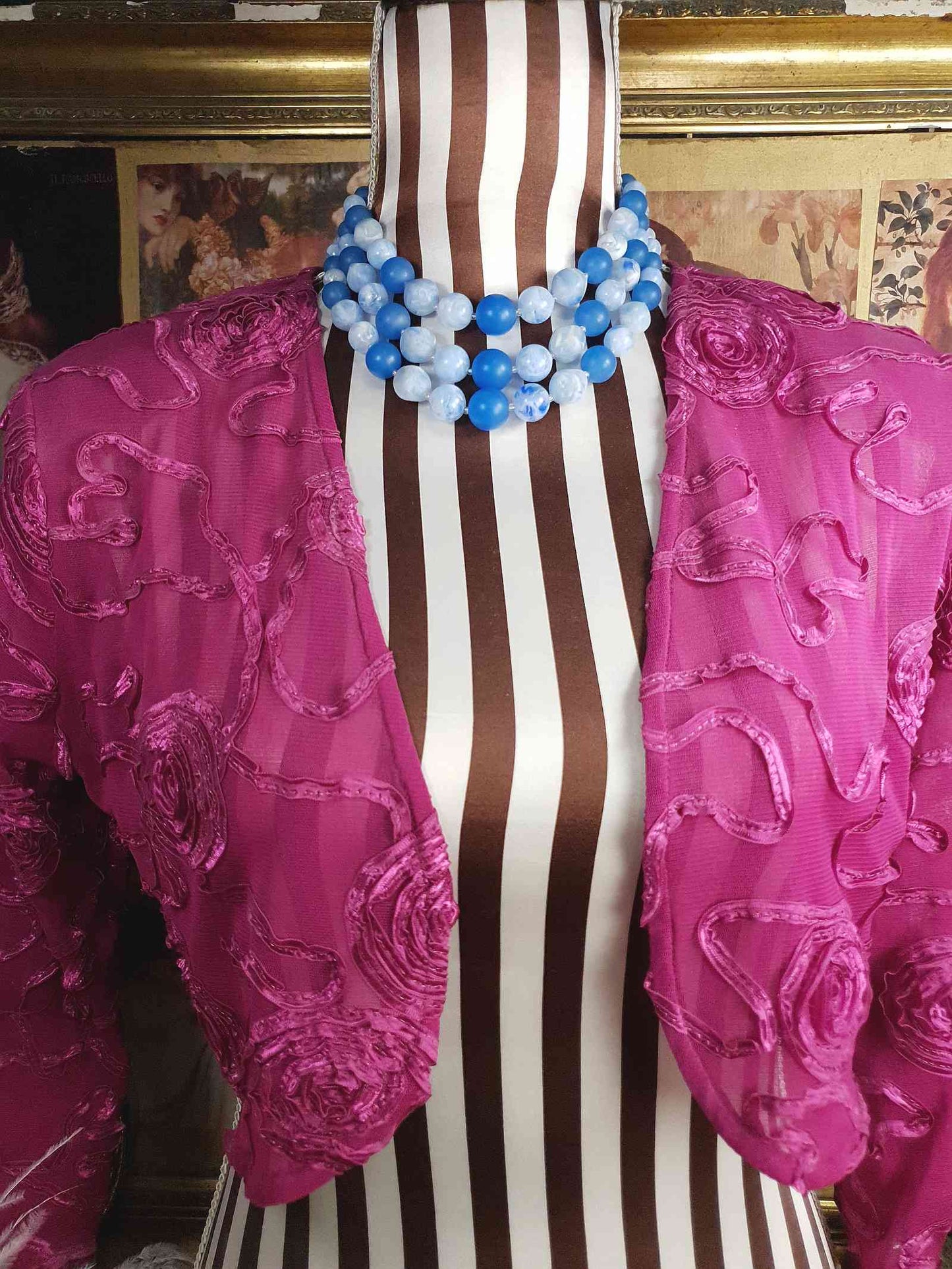 Vintage 1950s Blue Bead Necklace Choker Mid-Century Three Strand Retro
