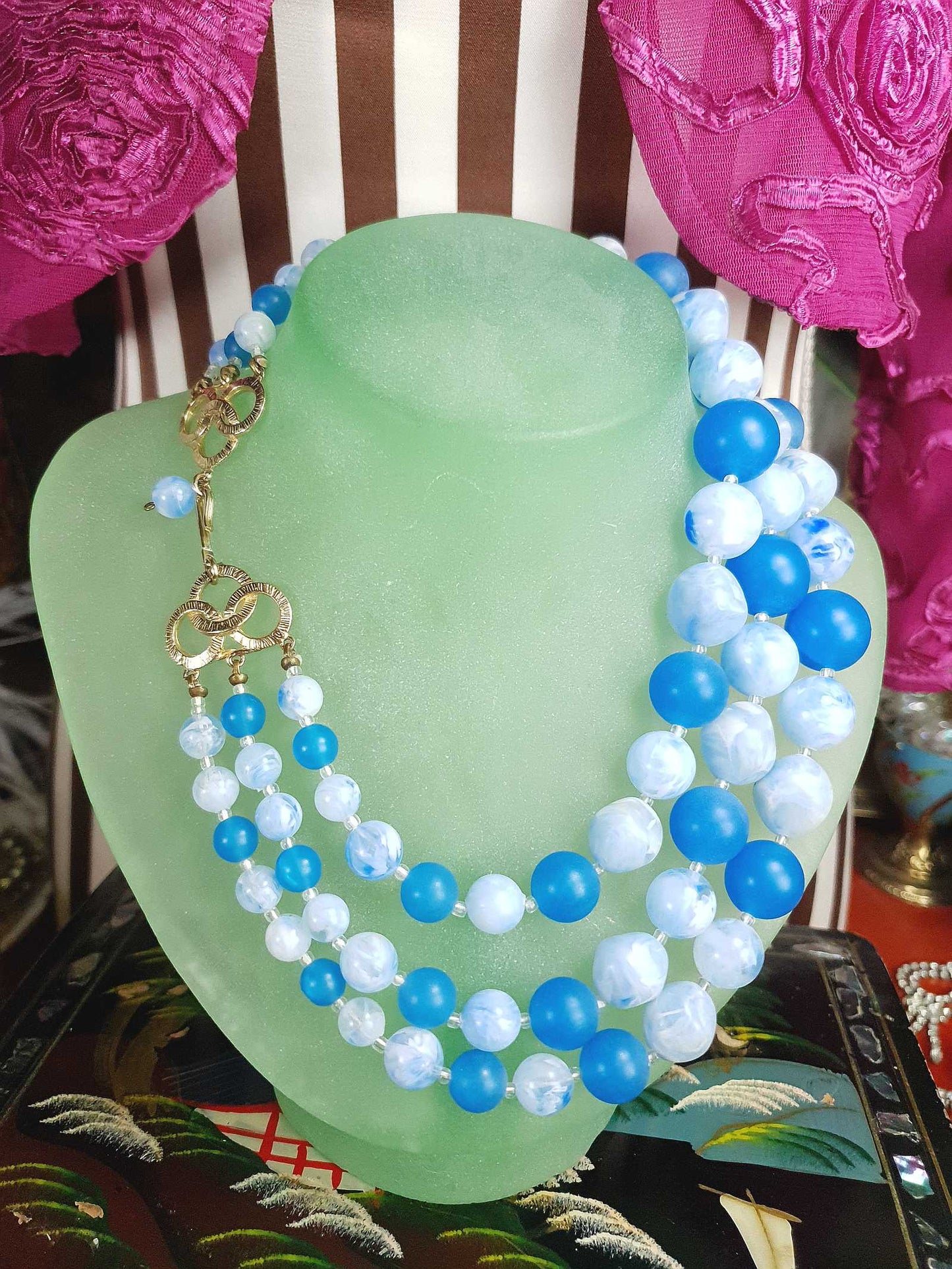 Vintage 1950s Blue Bead Necklace Choker Mid-Century Three Strand Retro