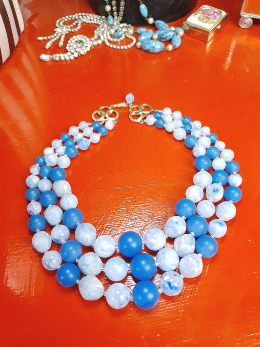 Vintage 1950s Blue Bead Necklace Choker Mid-Century Three Strand Retro
