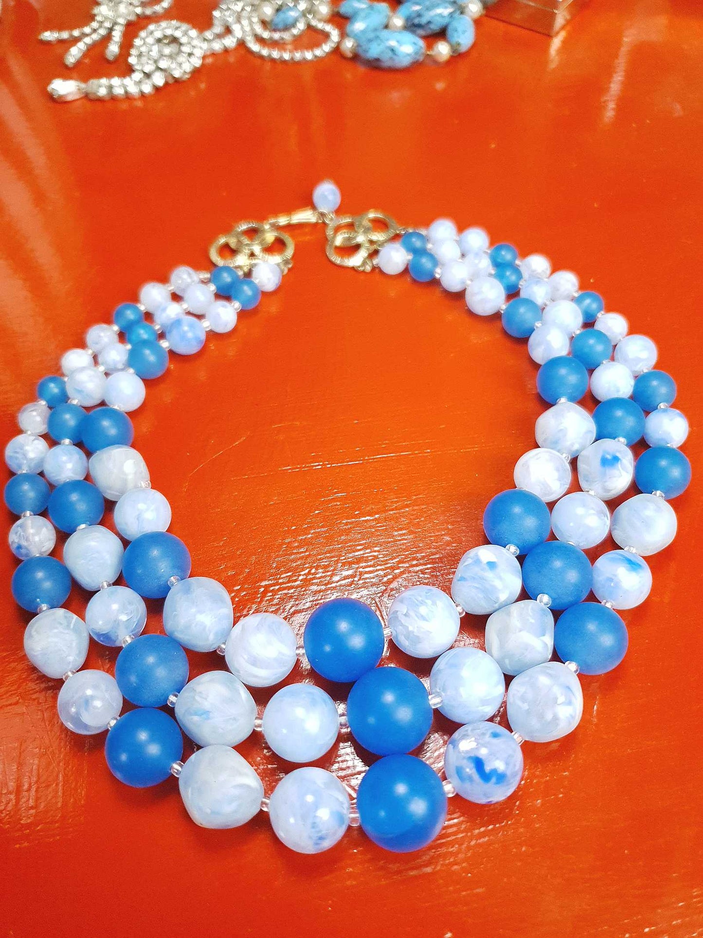Vintage 1950s Blue Bead Necklace Choker Mid-Century Three Strand Retro
