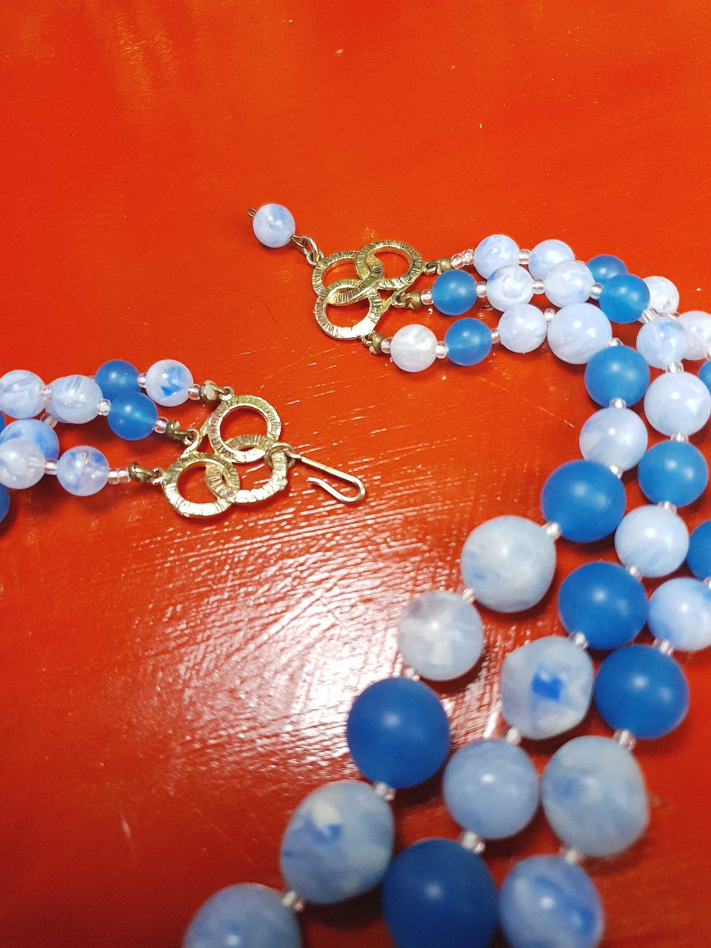 Vintage 1950s Blue Bead Necklace Choker Mid-Century Three Strand Retro