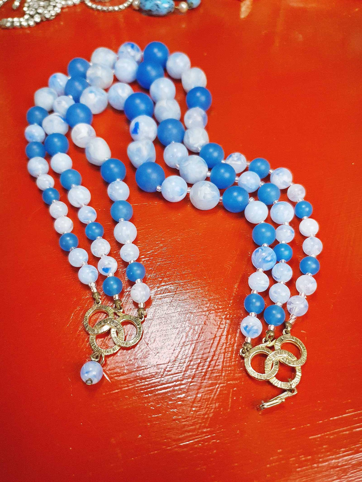 Vintage 1950s Blue Bead Necklace Choker Mid-Century Three Strand Retro