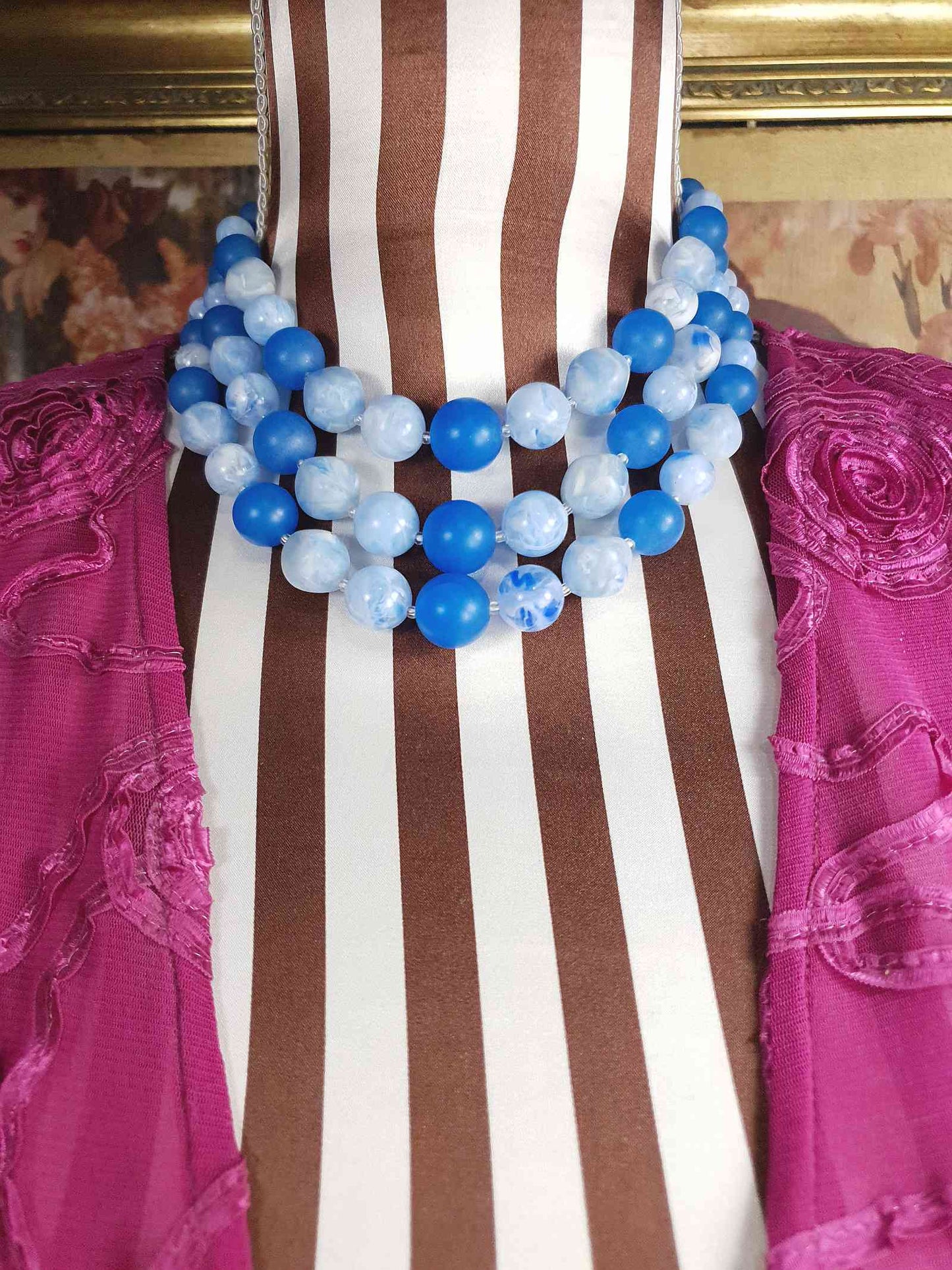 Vintage 1950s Blue Bead Necklace Choker Mid-Century Three Strand Retro