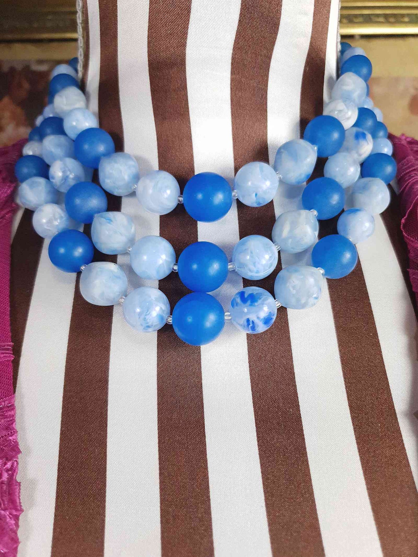 Vintage 1950s Blue Bead Necklace Choker Mid-Century Three Strand Retro