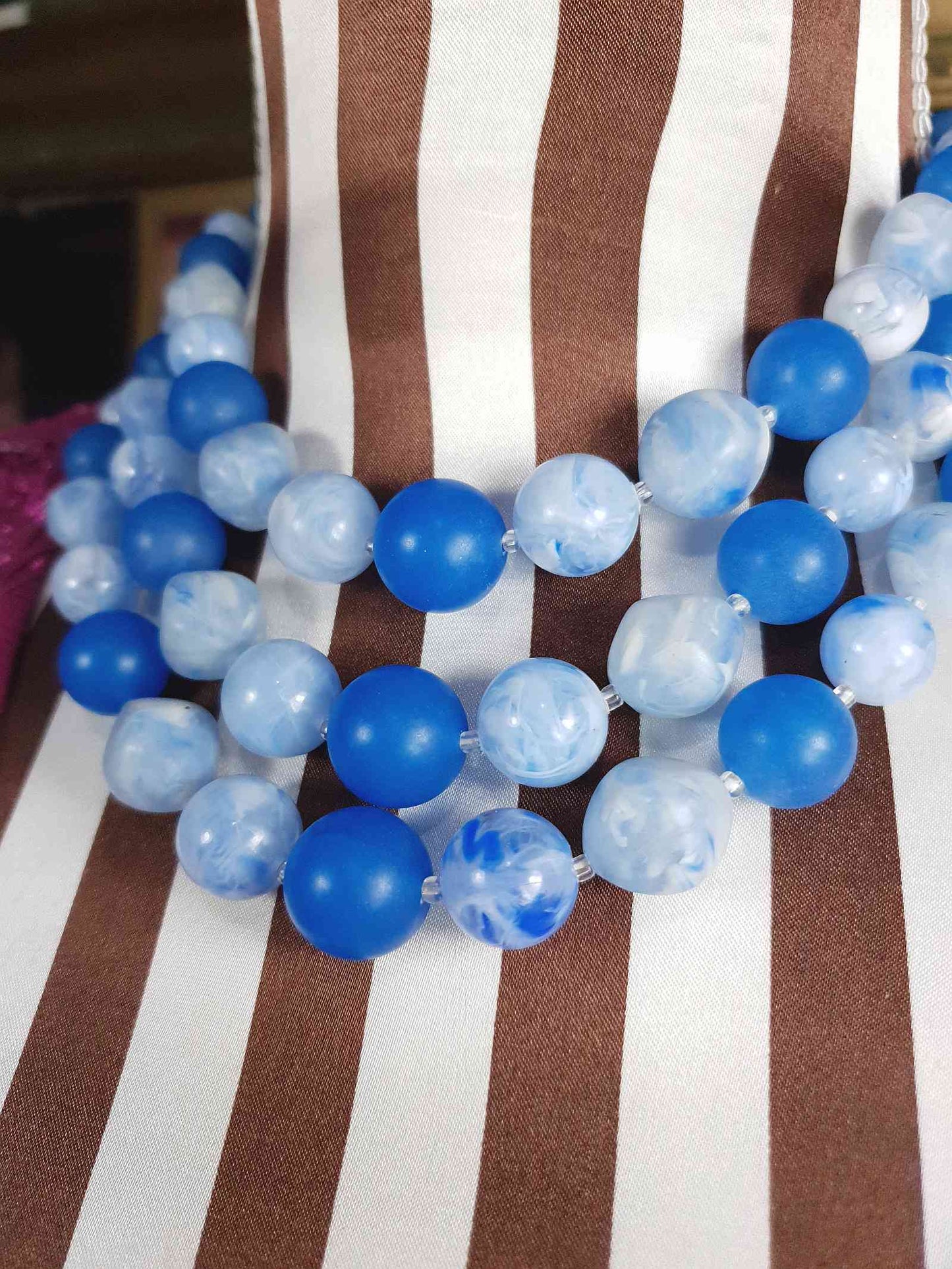 Vintage 1950s Blue Bead Necklace Choker Mid-Century Three Strand Retro