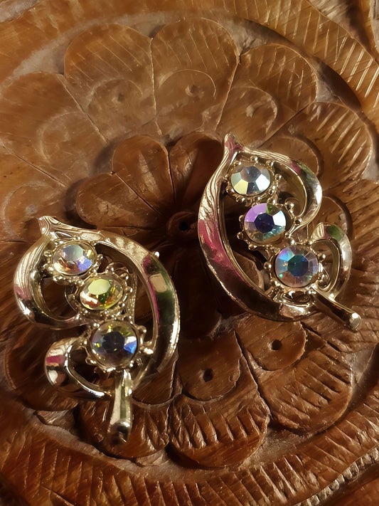 Vintage 1960s Aurora Borealis Leaf Earrings AB Rhinestone Clip-Ons Retro