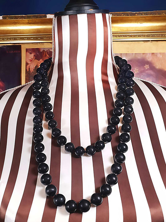 Vintage 1960s Black Glass Bead Necklace Mod Retro Long