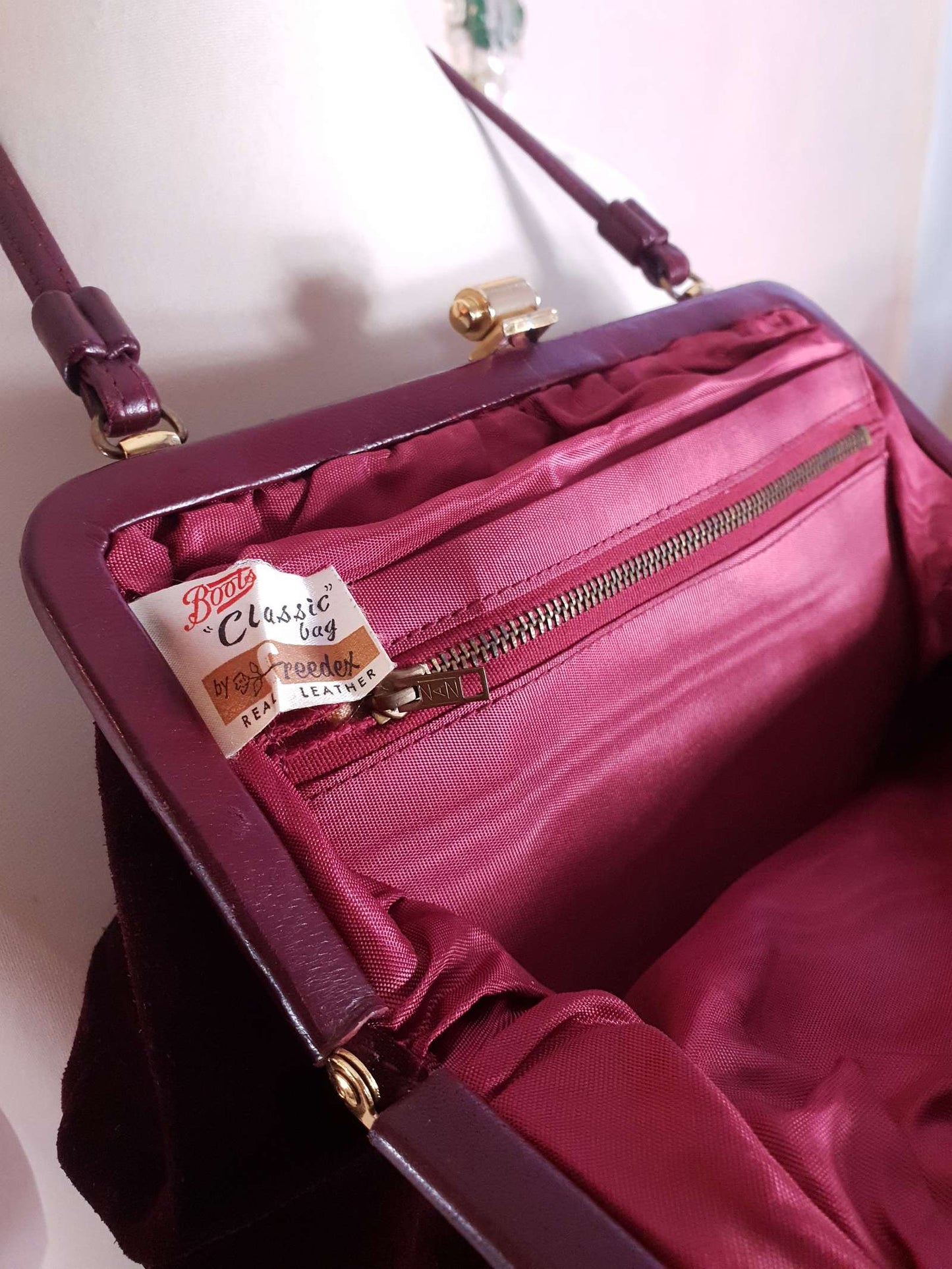 Vintage 1960s Burgundy Suede Leather Handbag Retro Shoulder Bag Tote