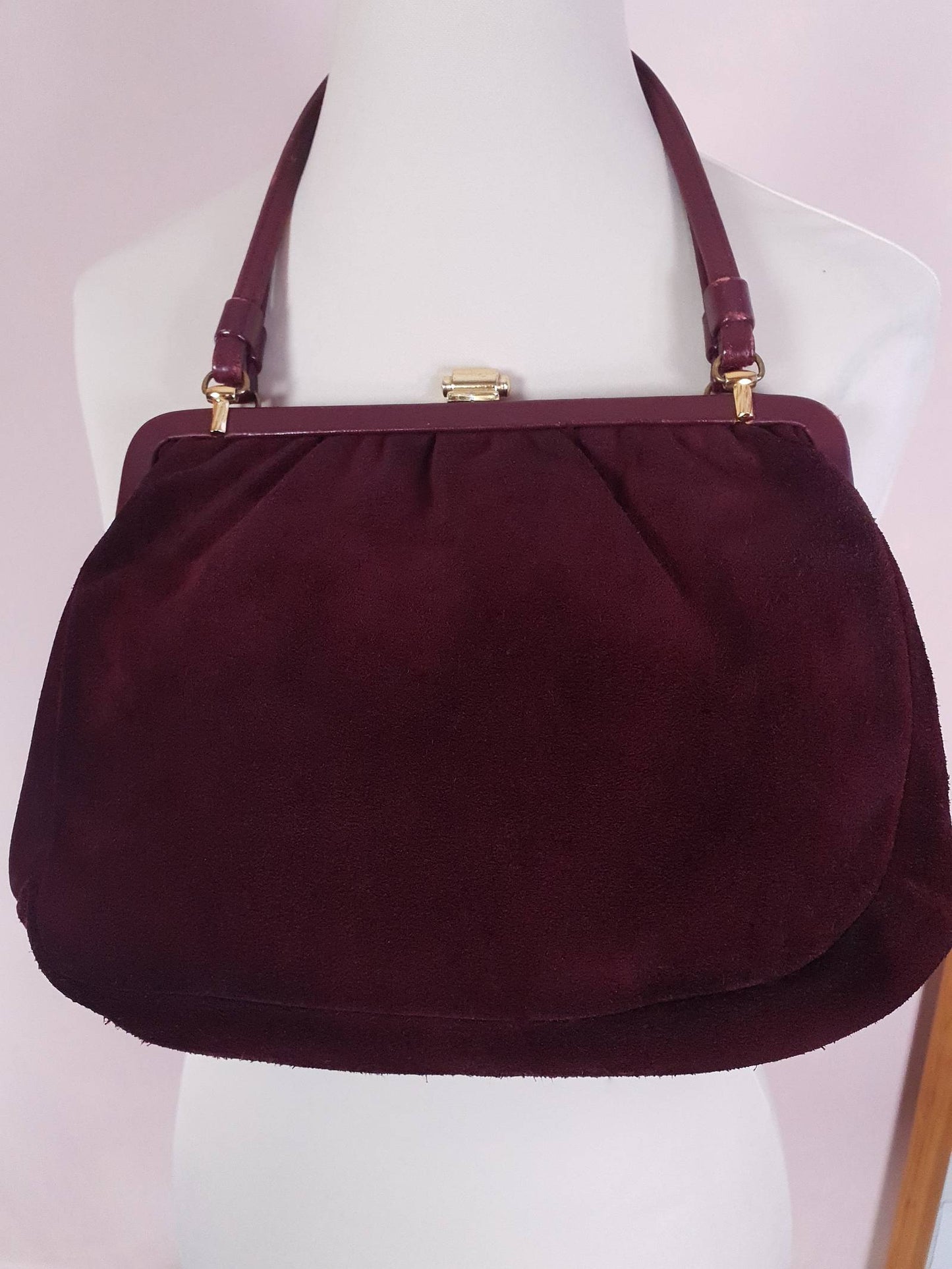 Vintage 1960s Burgundy Suede Leather Handbag Retro Shoulder Bag Tote