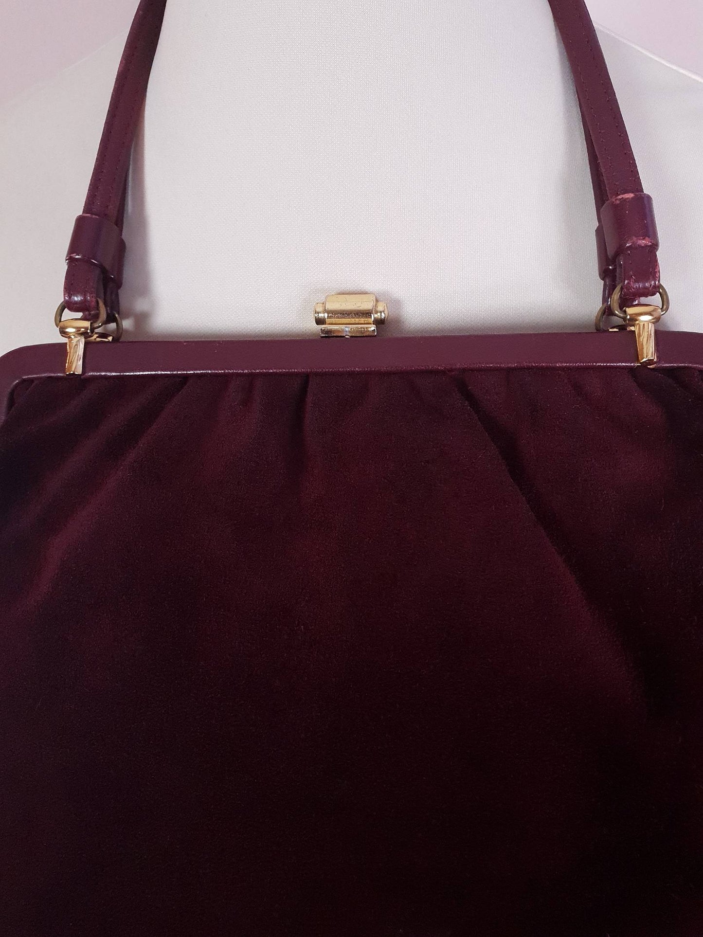 Vintage 1960s Burgundy Suede Leather Handbag Retro Shoulder Bag Tote