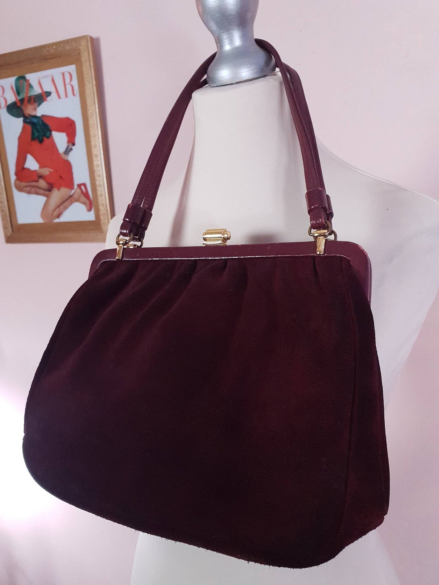 Vintage 1960s Burgundy Suede Leather Handbag Retro Shoulder Bag Tote