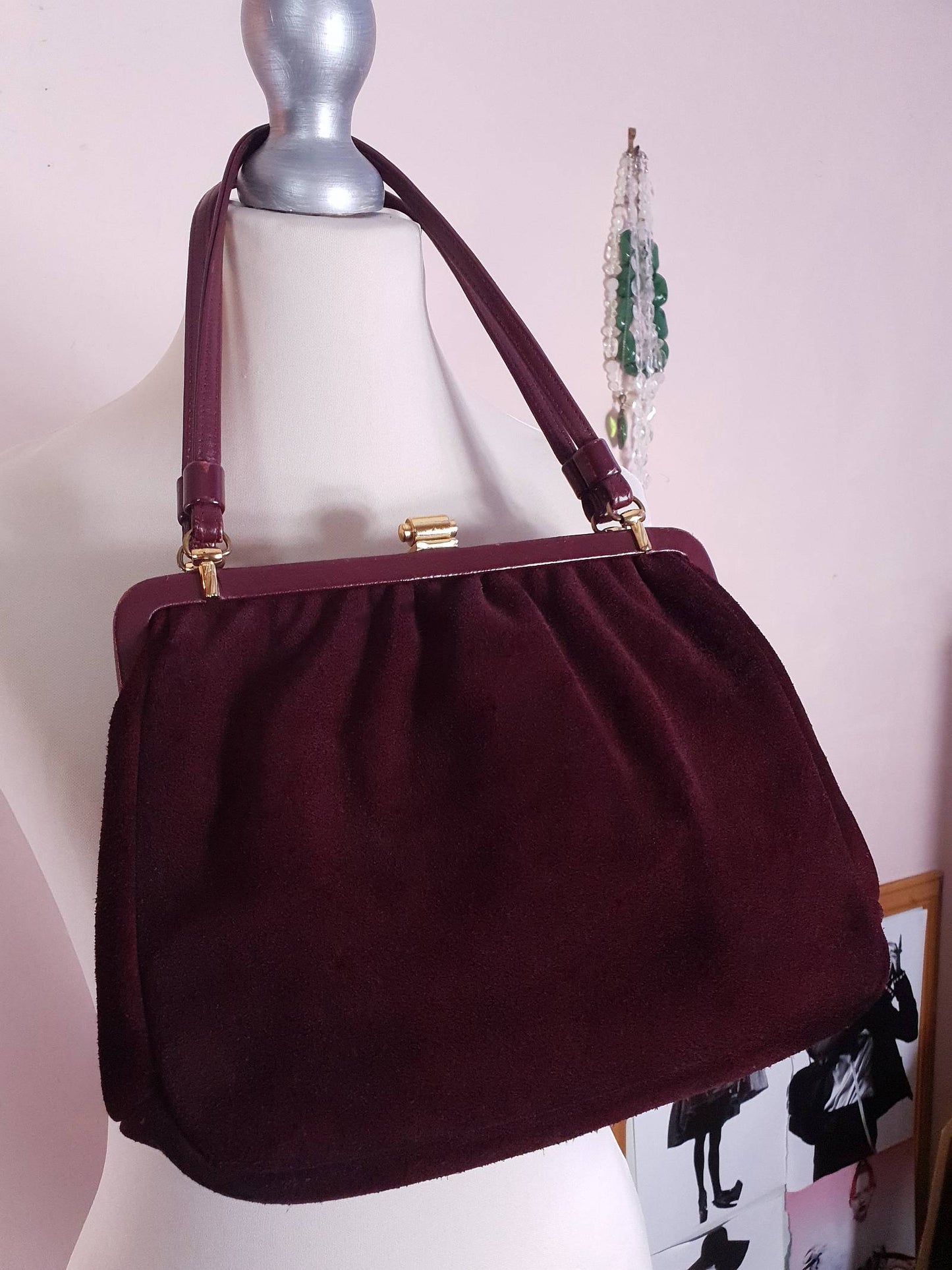 Vintage 1960s Burgundy Suede Leather Handbag Retro Shoulder Bag Tote