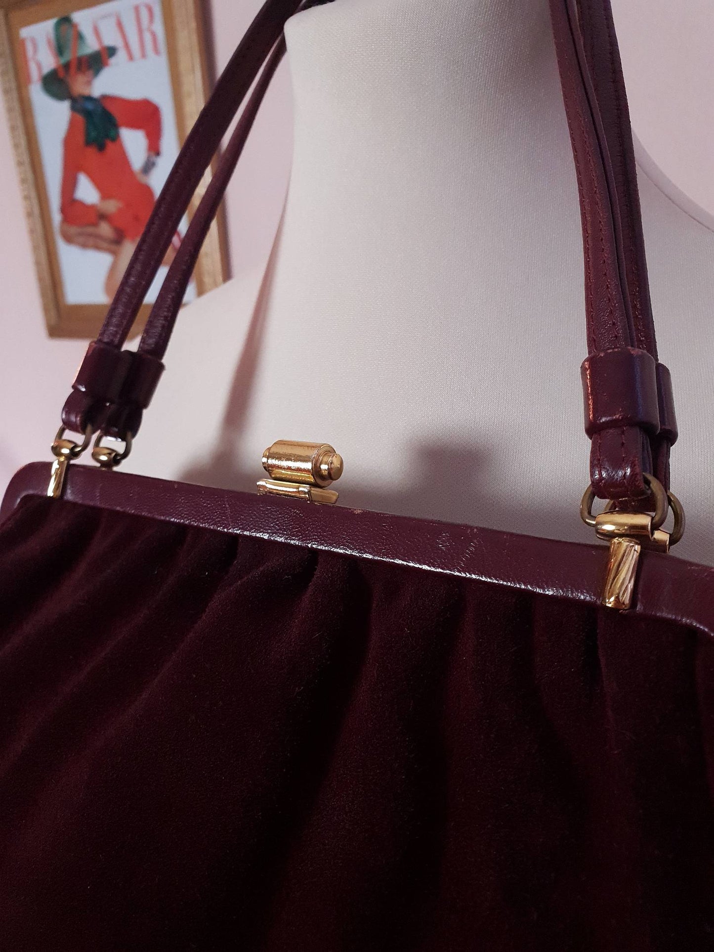 Vintage 1960s Burgundy Suede Leather Handbag Retro Shoulder Bag Tote