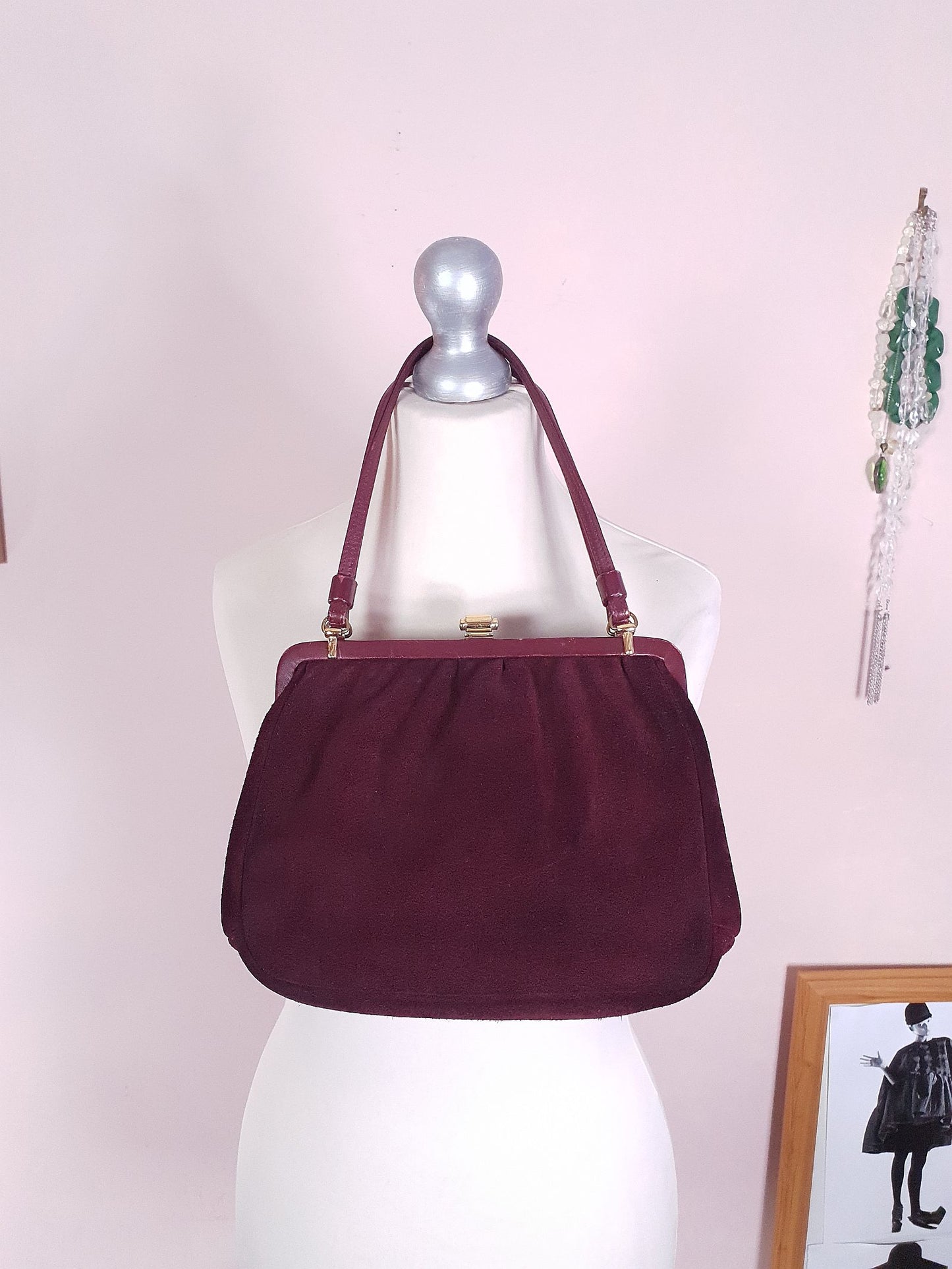 Vintage 1960s Burgundy Suede Leather Handbag Retro Shoulder Bag Tote