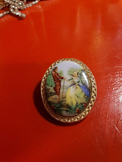 Vintage 1960s Courting Couple Brooch Porcelain Oval