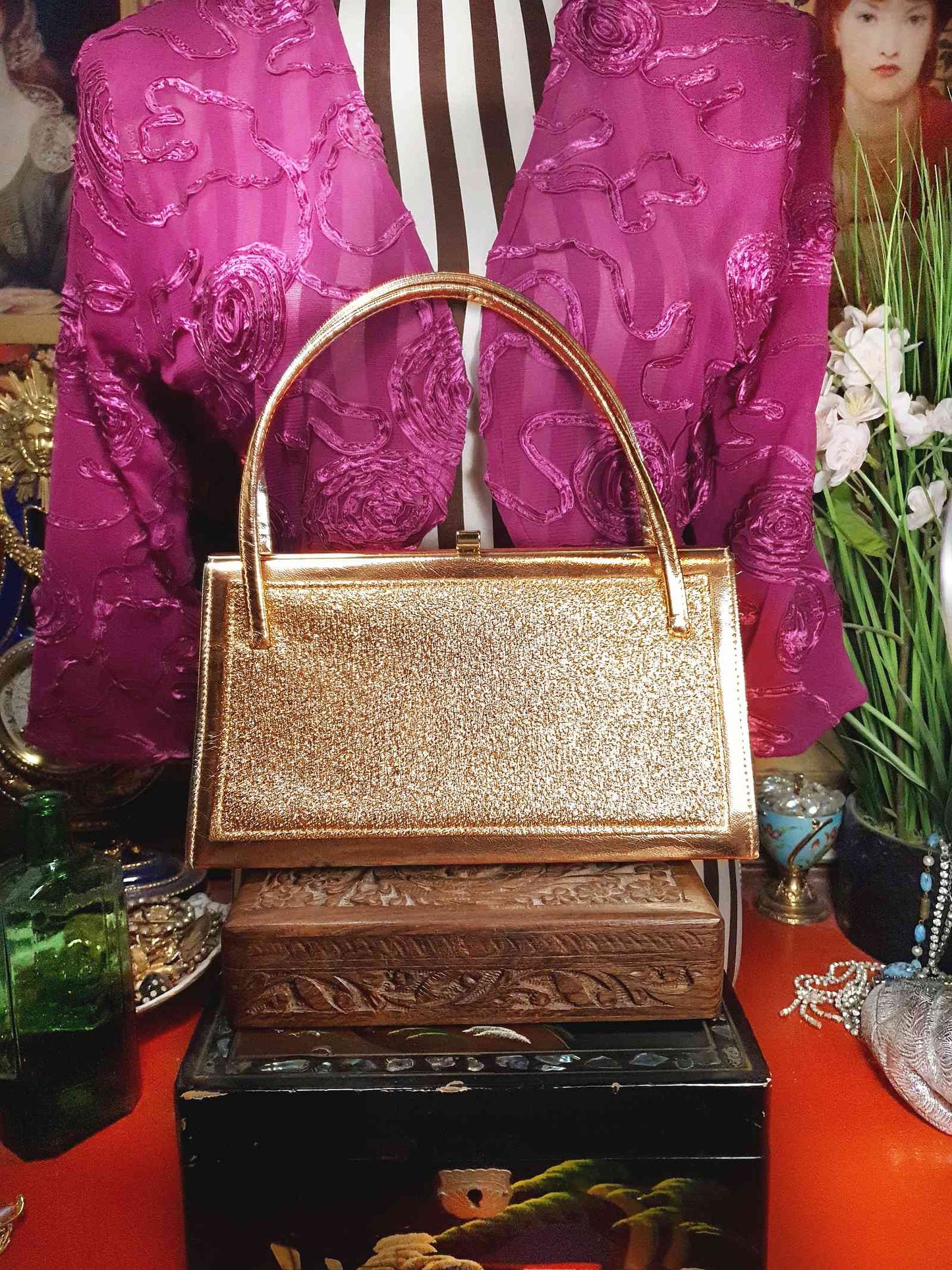 Vintage 1960s Gold Handbag Evening Bag Tote Retro