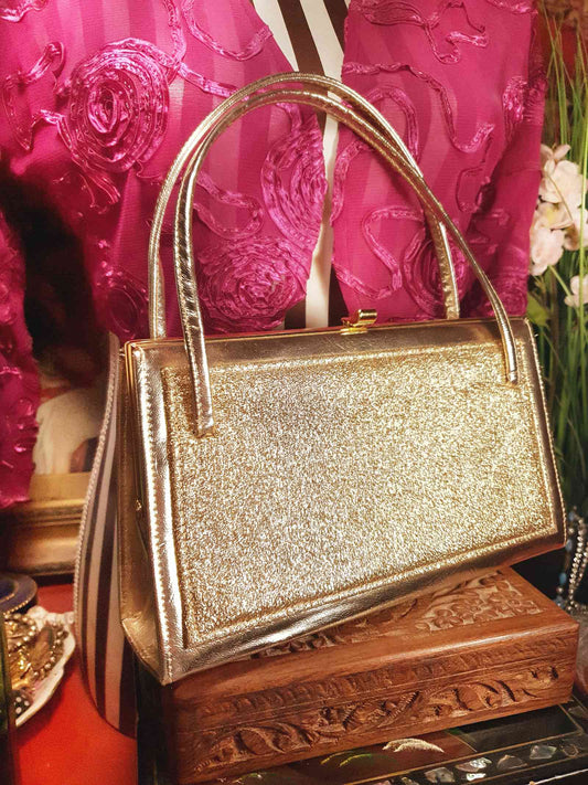 Vintage 1960s Gold Handbag Evening Bag Tote Retro