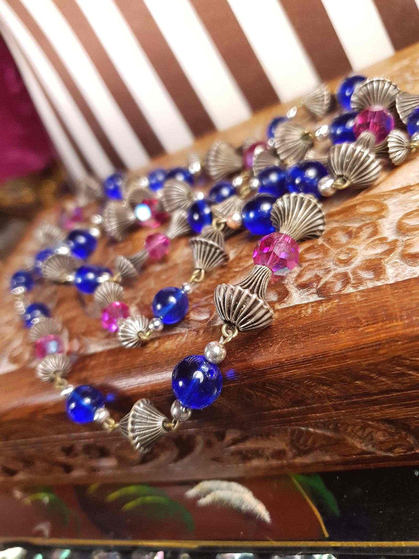 Vintage 1960s Boho Bead Necklace 38" Pink Blue Aurora Borealis AB Bohemian