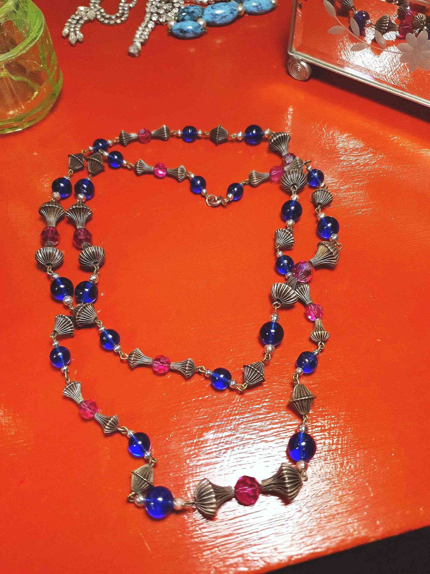 Vintage 1960s Boho Bead Necklace 38" Pink Blue Aurora Borealis AB Bohemian