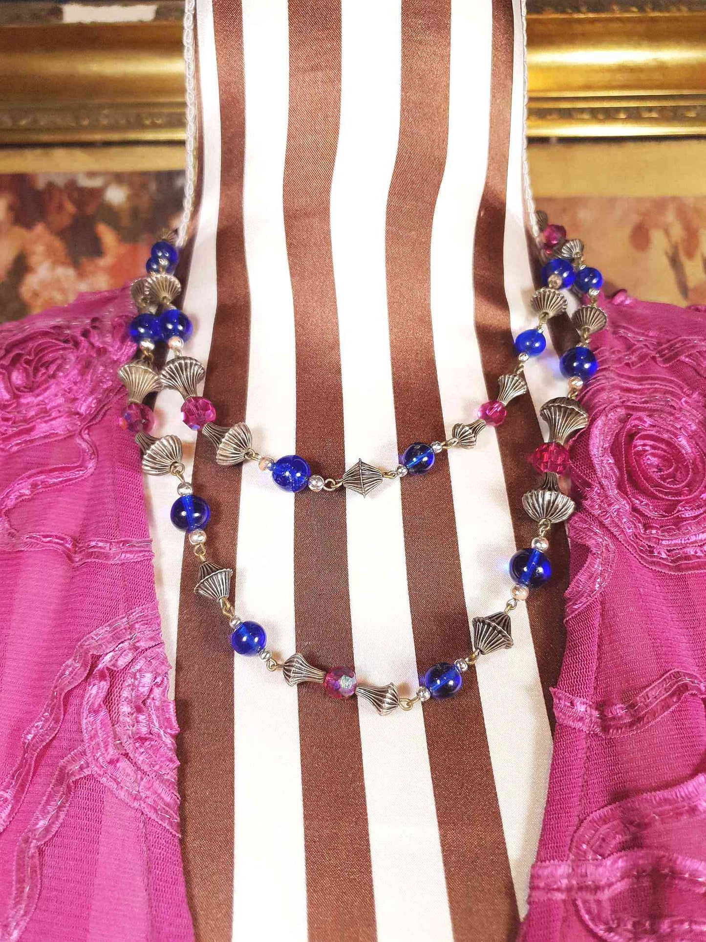 Vintage 1960s Boho Bead Necklace 38" Pink Blue Aurora Borealis AB Bohemian